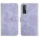 For vivo V20 SE Skin Feel Butterfly Peony Embossed Leather Phone Case(Purple) - 1