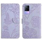For vivo V21e Skin Feel Butterfly Peony Embossed Leather Phone Case(Purple) - 1