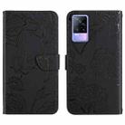 For vivo V21e Skin Feel Butterfly Peony Embossed Leather Phone Case(Black) - 1