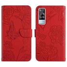 For vivo Y51 2020 Skin Feel Butterfly Peony Embossed Leather Phone Case(Red) - 1