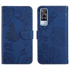 For vivo Y51 2020 Skin Feel Butterfly Peony Embossed Leather Phone Case(Blue) - 1