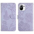 For Xiaomi Mi 11 Lite Skin Feel Butterfly Peony Embossed Leather Phone Case(Purple) - 1