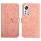 For Xiaomi 12 / 12 Pro Skin Feel Butterfly Peony Embossed Leather Phone Case(Pink) - 1