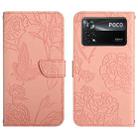 For Xiaomi Poco X4 Pro 5G Skin Feel Butterfly Peony Embossed Leather Phone Case(Pink) - 1
