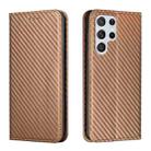 For Samsung Galaxy S22 Ultra 5G Carbon Fiber Texture Flip Holder Leather Phone Case(Brown) - 1