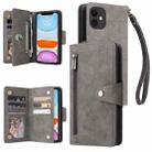 For iPhone 11 Rivet Buckle 9 Cards Three Fold Leather Phone Case (Grey) - 1