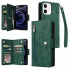 For iPhone 12 Rivet Buckle 9 Cards Three Fold Leather Phone Case(Green) - 1