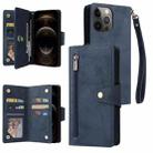 For iPhone 12 Pro Max Rivet Buckle 9 Cards Three Fold Leather Phone Case(Blue) - 1