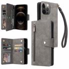 For iPhone 12 Pro Max Rivet Buckle 9 Cards Three Fold Leather Phone Case(Grey) - 1