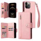 For iPhone 12 Pro Max Rivet Buckle 9 Cards Three Fold Leather Phone Case(Rose Gold) - 1