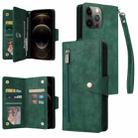 For iPhone 12 Pro Max Rivet Buckle 9 Cards Three Fold Leather Phone Case(Green) - 1