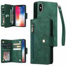 For iPhone X / XS Rivet Buckle 9 Cards Three Fold Leather Phone Case(Green) - 1
