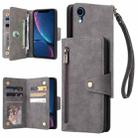 For iPhone XR Rivet Buckle 9 Cards Three Fold Leather Phone Case(Grey) - 1