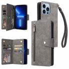 For iPhone 13 Pro Max Rivet Buckle 9 Cards Three Fold Leather Phone Case (Grey) - 1