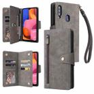 For Samsung Galaxy A20S Rivet Buckle 9 Cards Three Fold Leather Phone Case(Grey) - 1