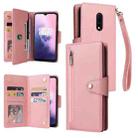 For OnePlus 7 Rivet Buckle 9 Cards Three Fold Leather Phone Case(Rose Gold) - 1