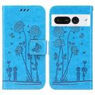 For Google Pixel 7 Pro 5G Embossing Rose Couple Leather Phone Case(Blue) - 1