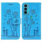 For Motorola Moto E20 / E30 / E40 Embossing Rose Couple Leather Phone Case(Blue) - 1