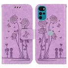 For Motorola Moto G22 Embossing Rose Couple Leather Phone Case(Purple) - 1