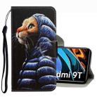 For Xiaomi Redmi 9T 3D Colored Drawing Leather Phone Case(Down Jacket Cat) - 1