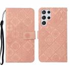 For Samsung Galaxy S22 Ultra 5G Ethnic Style Embossed Pattern Leather Phone Case(Pink) - 1