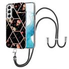 For Samsung Galaxy S22 5G Splicing Marble Flower Pattern TPU Phone Case with Lanyard(Black Flower) - 1