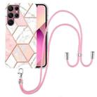 For Samsung Galaxy S22 Ultra 5G Electroplating Splicing Marble TPU Phone Case with Lanyard(Pink White) - 1