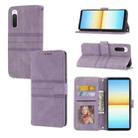 For Sony Xperia 10 IV Embossed Striped Magnetic Buckle Horizontal Flip Phone Leather Case(Purple) - 1