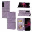 For Sony Xperia 1 IV Embossed Striped Magnetic Buckle Horizontal Flip Phone Leather Case(Purple) - 1