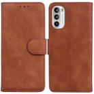 For Motorola Moto G52 Skin Feel Pure Color Flip Leather Phone Case(Brown) - 1