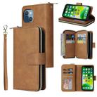 For iPhone 13 mini 9 Card Slots Zipper Wallet Bag Leather Phone Case (Brown) - 1