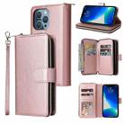 For iPhone 13 Pro 9 Card Slots Zipper Wallet Bag Leather Phone Case (Rose Gold) - 1