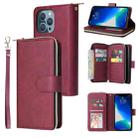 For iPhone 13 Pro 9 Card Slots Zipper Wallet Bag Leather Phone Case (Wine Red) - 1