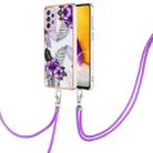 For Samsung Galaxy A73 5G Electroplating IMD TPU Phone Case with Lanyard(Purple Flower) - 1