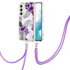 For Samsung Galaxy S22+ 5G Electroplating IMD TPU Phone Case with Lanyard(Purple Flower) - 1