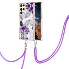 For Samsung Galaxy S22 Ultra 5G Electroplating IMD TPU Phone Case with Lanyard(Purple Flower) - 1