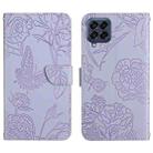 For Samsung Galaxy M33 Skin Feel Butterfly Peony Embossed Leather Phone Case(Purple) - 1