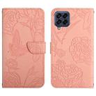 For Samsung Galaxy M33 Skin Feel Butterfly Peony Embossed Leather Phone Case(Pink) - 1