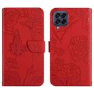 For Samsung Galaxy M33 Skin Feel Butterfly Peony Embossed Leather Phone Case(Red) - 1