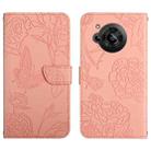 For Sharp Aquos R7 Skin Feel Butterfly Peony Embossed Leather Phone Case(Pink) - 1