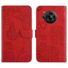 For Sharp Aquos R7 Skin Feel Butterfly Peony Embossed Leather Phone Case(Red) - 1