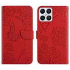 For Honor X8 Skin Feel Butterfly Peony Embossed Leather Phone Case(Red) - 1