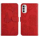 For Motorola Moto G82 Skin Feel Butterfly Peony Embossed Leather Phone Case(Red) - 1