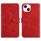 For iPhone 14 Skin Feel Butterfly Peony Embossed Leather Phone Case (Red) - 1