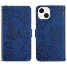 For iPhone 14 Skin Feel Butterfly Peony Embossed Leather Phone Case (Blue) - 1