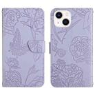 For iPhone 14 Skin Feel Butterfly Peony Embossed Leather Phone Case (Purple) - 1