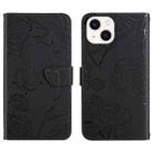 For iPhone 14 Skin Feel Butterfly Peony Embossed Leather Phone Case (Black) - 1