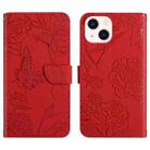 For iPhone 14 Plus Skin Feel Butterfly Peony Embossed Leather Phone Case  (Red) - 1