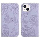 For iPhone 14 Plus Skin Feel Butterfly Peony Embossed Leather Phone Case  (Purple) - 1