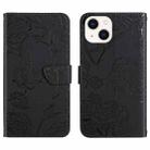 For iPhone 14 Plus Skin Feel Butterfly Peony Embossed Leather Phone Case  (Black) - 1